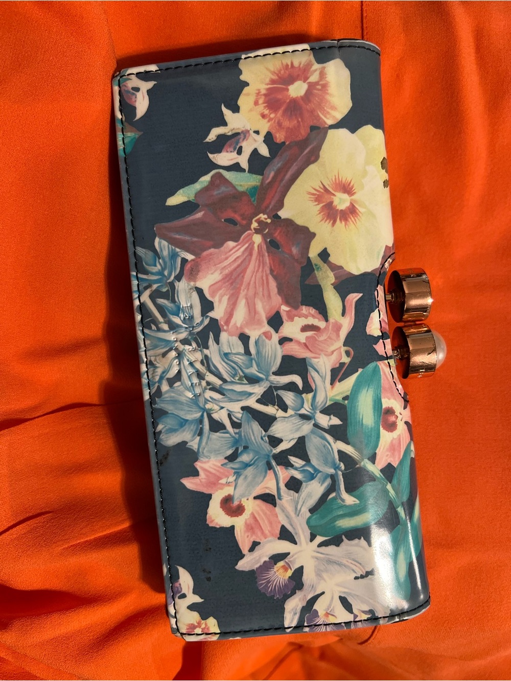 Ted Baker London Navy Floral Patent Clutch with Rose-Gold Clasp